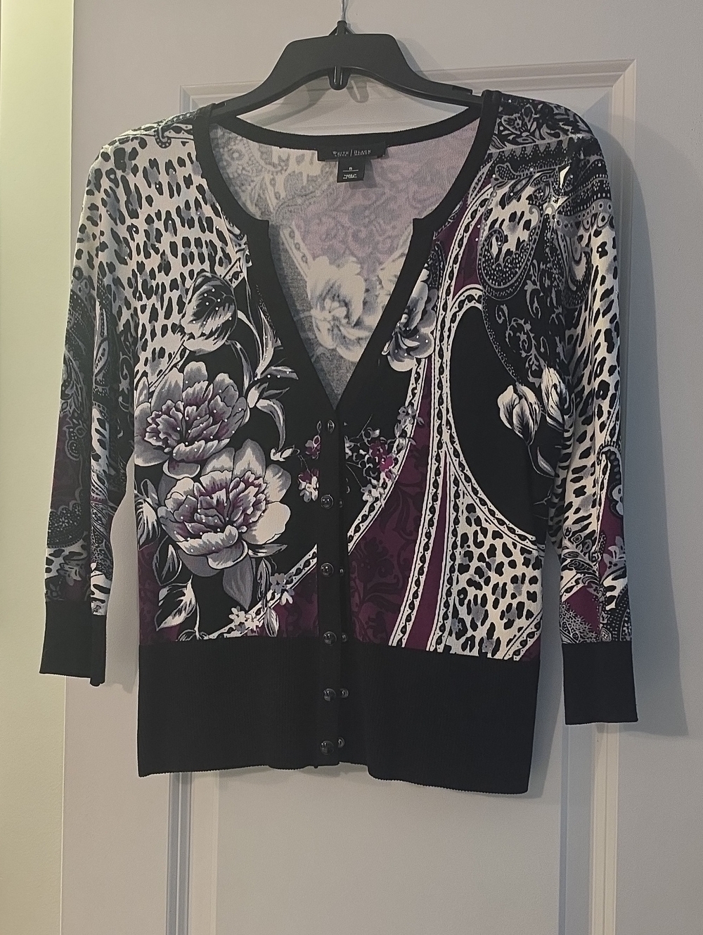 White House Black Market Black & Purple Floral Print Button Cardigan. EUC /